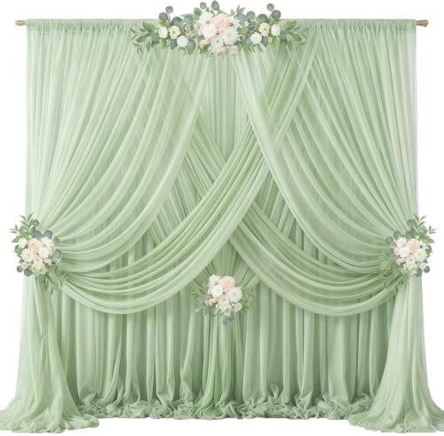 40ft x 10ft Sage Green Backdrop Curtains, Wrinkle-Free Sheer Chiffon Fabric Backdrop Drapes for Wedding Arch Party Ceremony Stage Photo Decoration by WishCare