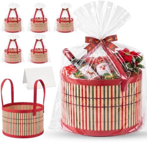 Weysat 6 Set Baskets for Gifts Empty Bulk, Large Woven Bamboo Gift Basket Kit with Handles, Bow, Wrap Bag to Fill for Raffle Thanksgiving Day Wedding Birthdays Party Wrapping (Red and Green) by Weysat