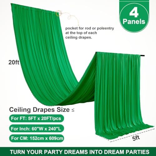 4 Panels 5ft(W) x 20ft(L) Green Ceiling Drapes for Wedding Parties - Image 2