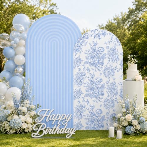 Blue Floral and Ripple Arch Backdrop Cover Set of 2 Party Arch Covers 7.2 and 6ft Spandex Arch Covers Stretchy Backdrop Birthday Wedding Bridal Baby Shower Photo Balloon Arch Backdrop Stand Cover - Image 4