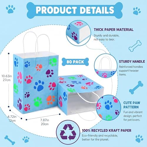 Tenceur 80 Pcs Dog Gift Bags Goodie Paw Puppy Paper Treat Bags Bulk with Handles 10.63 x 4.72 x 7.87 Inch Dog Themed Party Favors Shopping Holiday Kraft(Blue Colorful) - Image 2