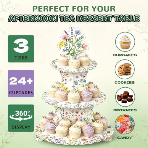 3 Tier Cardboard Cupcake Stand for 24 Cupcakes,Wildflower Party Decorations - Image 4