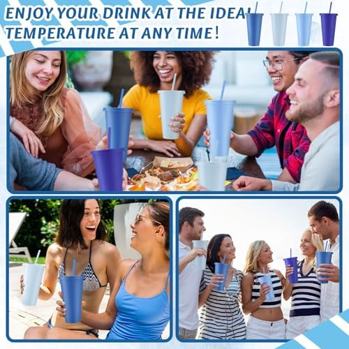 Skylety 24 Pcs Gray Blue Plastic Cups with Lids and Straws 24 oz - Image 6