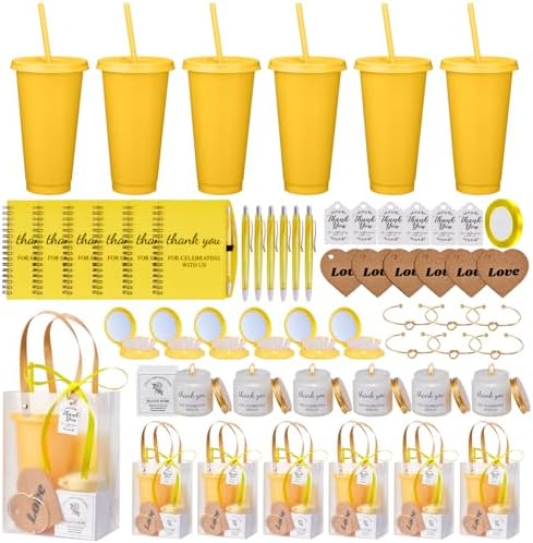 56Pcs Baby Shower Prizes for Game Winners Baby Shower Favors Gifts including Plastic Tumbler Notebook Scented Candles Ballpoint Pen Mirrors with Hair Brushes Bracelet Gift Bag (Yellow) by Rigibright