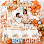 Pumpkin Gender Reveal Decorations,Fall Theme Party He or She What Will Our Little Pumpkin Be Plates,Napkins,Balloon Arch,Box Tablecloth for Autumn Thanksgiving Gender Reveal - Image 2