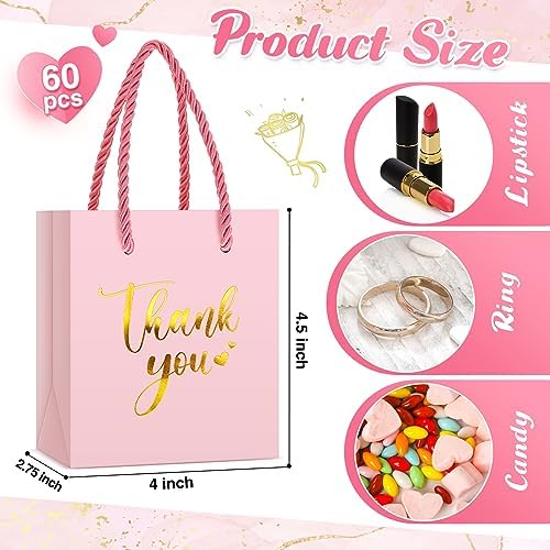 Honoson 60 Pcs Mini Thank You Gift Bag with Handle Bulk,Pink - Image 3