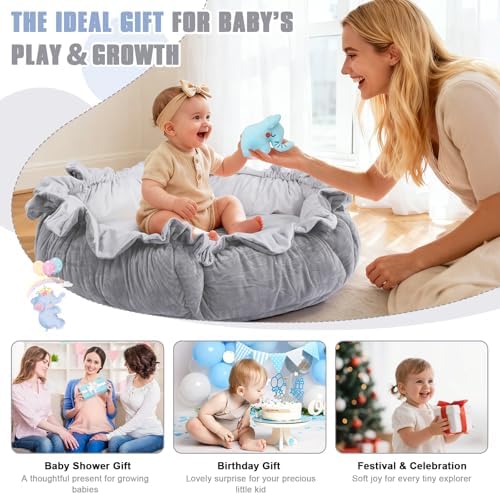 5-in-1 Baby Gym Play Mat with Cartoon Pattern, Extra Thick Plush Tummy Time Activity Gym with Hanging Toys, Sensory Development & Motor Skills Training Floor Mat, Elephant - Image 7