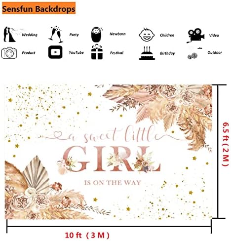 Sensfun Boho Baby Shower Backdrop Sweet Little Girl on The Way Boho Baby Shower Decorations Bohemian Pampas Floral Photography Background for Baby Girls Shower Party Banner Photo Booth Props 10x6.5ft - Image 5