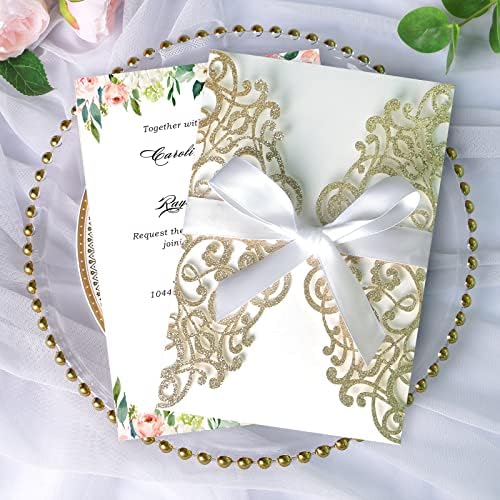 ponatia 25PCS 5.12 x 7.1 '' Champagne Glitter Laser Cut Wedding Invitations Cards with Envelopes for 5x7 Invitation Cards Wedding Baby Bridal Shower Engagement Sweet 16 Birthday Invite - Image 5