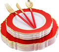 WDF 30Guest Red Plastic Plates - Gold Plastic Silverware With Red Handle - Red Plates Disposable- Baroque Plastic Dinnerware for Wedding Baby Shower Spring Birthday by WDF