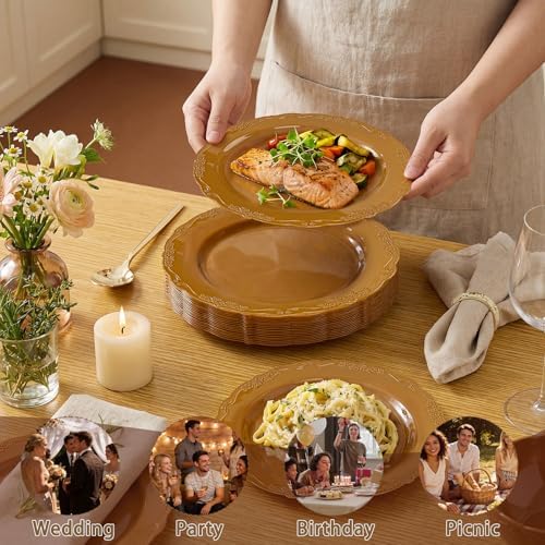 Tinybee 60PCS Brown Plastic Plates - Heavy Duty Brown Disposable Plates - Image 3