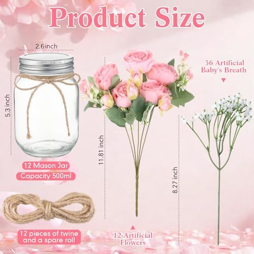 Zeyune 12 Sets Mason Jar Flowers Centerpiece Table Decorations,Light Pink - Image 4