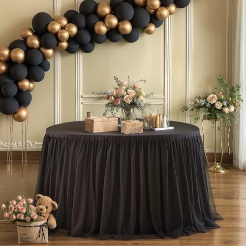 HB HBB MAGIC Black Round Tablecloths 60 inch Stretchy Elastic Fitted Round Table Cloths Round Cover 120 inch, Black Round Tulle Tablecloth Tulle Table Cloth with Skirt for Wedding Birthday Party by HBBMAGIC