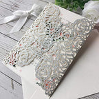 20PCS 5.12 x 7.28'' Silver Wedding Invitations Cards With Bowknot Laser Cut Rose Flowers invitation kit For Bridal Shower Engagement Wedding Invite (Silver Glitter) - Image 3