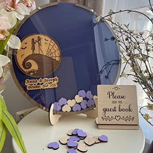 Personalized Wedding Wooden Guest Book: Creative Acrylic Custom Name Alternative Inserts Box DIY Custom Rustic Wedding Heart Drop Guest Book for Graduation Anniversary Wedding Decor (Halloween Themed) - Image 2