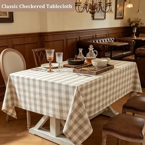 Laolitou Beige Checkered Tablecloth Rectangle Tables Buffalo Plaid Gingham Table Cloth Cotton Linen Rustic Tablecloths Washable Wrinkle Free for Party Picnic Kitchen, 60"x120" 10-12 Seats - Image 2