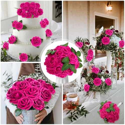 100 Pcs Artificial Rose Flowers, Hot Pink - Image 6