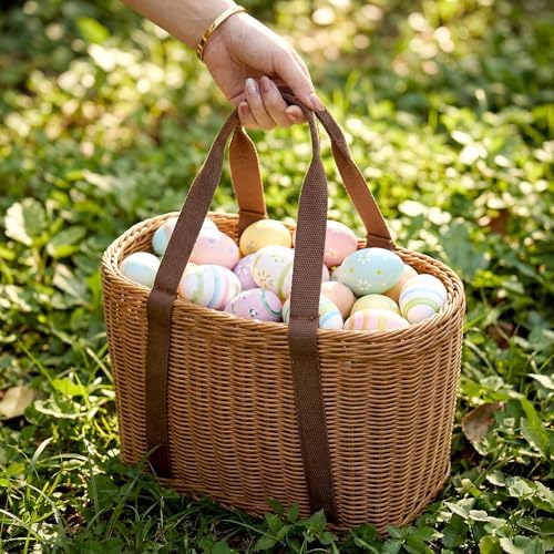 2 Pcs Large Wicker Basket with Handle Empty Woven Gift Basket for Gifts Summer Beach Party Spring Picnic Rattan Goodie Stuffer Candy Storage Wedding Home, 11.4 x 7.9 x 5.9 Inch - Image 5