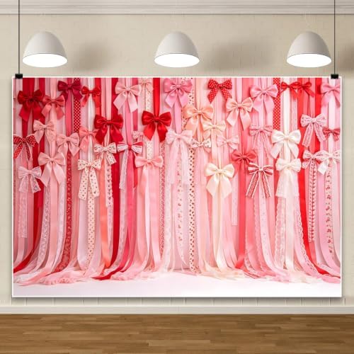 10x6.5ft Pink Red Bow Backdrop Ribbon Lace Background for Birthday Party Baby Shower Valentine Portrait Photography Decor Studio Booth Prop for Photoshoot Event Decoration Wedding Banner - Image 4