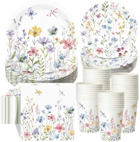 Pickmesh 250 Pcs Spring Floral Disposable Tableware Set Wildflower Butterfly Disposable Paper Plates Napkins and Cups for Baby Bridal Shower Birthday Wedding Baby in Bloom Garden Tea Party Supplies by Pickmesh