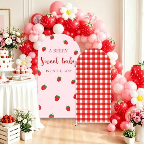 FYSUIMU 2 Pcs Strawberry Arch Backdrop Covers Pink Red Plaid Berry Stretchy Spandex Arch Stand Fabric Cover for Wedding Birthday Baby Shower Gender Reveal Party Decor (5ft/6ft) - Image 4