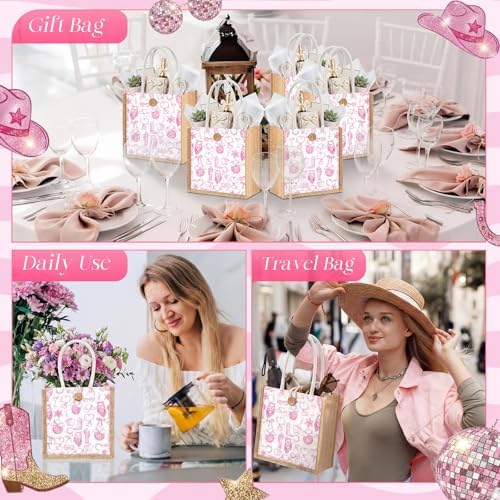 Abbylike 8 Pcs Cowgirl Party Favors Bags Burlap Pink Western Gift Bag Canvas Disco Cowgirl Boot Hat Goodie Tote Bag with Handle Disco Birthday Party Decor for Bridal Shower Bachelorette Rodeo - Image 5