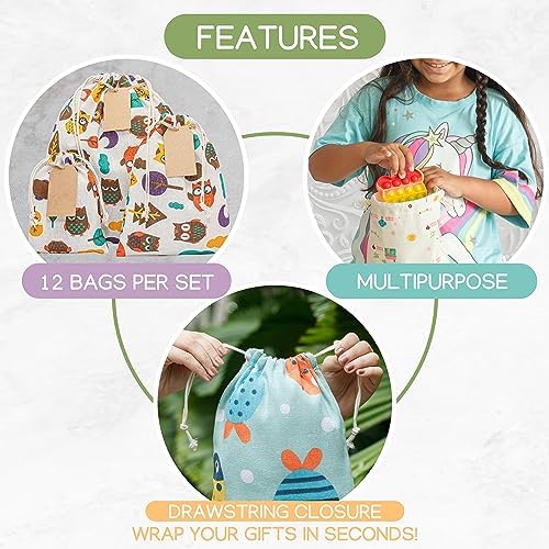 12 PCS Reusable gift bags with drawstring + 15 gift tags | Fabric gift bags in 3 Sizes | Gift wrapping alternative, storage bags, travel & party favor bags. 12th Ed. - Image 7