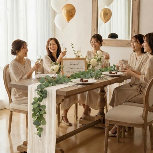 Leinuosen 8 Set 10 Ft Ivory Cheesecloth Table Runner Wedding Decor with 6 Ft Eucalyptus Garland, Boho Gauze Table Centerpiece Runner for Wedding Baby Shower Birthday Party Decoration - Image 4