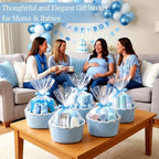 8 Pack Scalloped Small Woven Basket with Gift Bags and Ribbons 12"x 8"x 5" Cotton Rope Storage Organizer with Handles Cute Empty Gift Basket for Nursery Birthday Baby Shower, Blue - Image 3