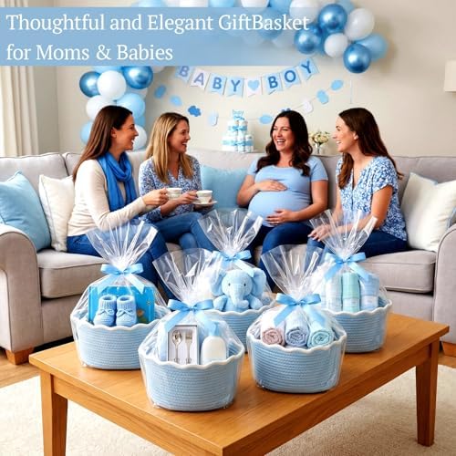 8 Pack Scalloped Small Woven Basket with Gift Bags and Ribbons 12"x 8"x 5" Cotton Rope Storage Organizer with Handles Cute Empty Gift Basket for Nursery Birthday Baby Shower, Blue - Image 3