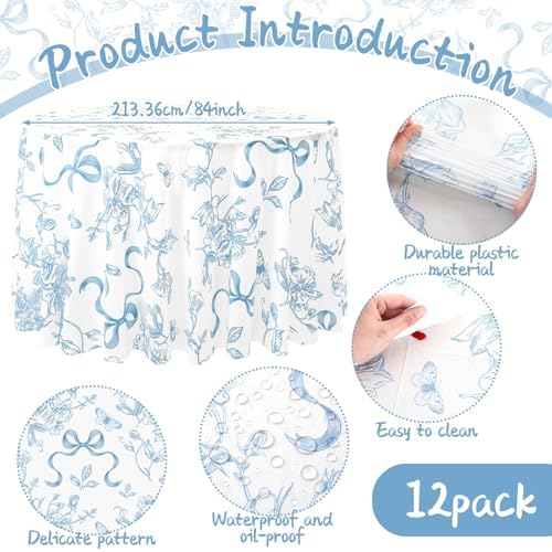 Ganeen 12 Pcs Blue Bow Floral Round Tablecloth 84 in Disposable Table Cover - Image 3