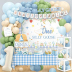 NANAGALI One Silly Goose Birthday Decor Boy, Blue Silly Goose Funny First Birthday Backdrop Balloons Arch Box High Chair Banner Bday Party Idea for Baby Boy by NANAGALI