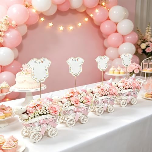 4 Pack Baby Carriage for Baby Shower Centerpiece Table with Wicker Stroller Bottle Bear Cards Rattan Artificial Rose Hydrangea Baby's Breath Floral Card Holder Decoration(Pink，32pcs) - Image 3