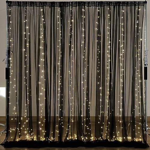 10×10ft Black Tulle Backdrop Curtain with Lights String for Parites, Sheer Photo Backdrop Curtains for Wedding Party Photography Background by WishCare