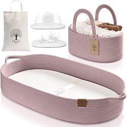 Baby Changing Basket Includes Diaper Caddy - Soft & Waterproof Dual-Cover, Portable, Changing Pad for Dresser & Changing Table, Gift for Baby Shower, Organic Cotton Rope by JJOOBabyCo