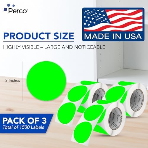 Perco Neon Green Perforated Round Circle Dot Sticker 3-Inch Labels — 3 Rolls, 1,500 Stickers—Available, Ready & Promo Signage, High Visibility, Strong Adhesive —Made in USA - Image 2