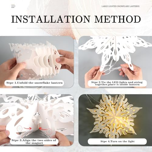 10 Pcs Christmas Paper Snowflake Lanterns, Large Christmas Paper Star Lanterns with LED Lights White Hanging Snowflake Lamp Ornaments for Xmas Winter Frozen Weddings Birthday Holiday Party Decorations - Image 7
