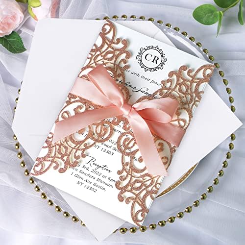ponatia 25PCS 5.12 x 7.1 '' Rose Gold Glitter Laser Cut Wedding Invitations Cards with Envelopes for 5x7 Invitation Cards Wedding Baby Bridal Shower Engagement Sweet 16 Birthday Invite - Image 5