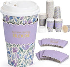 50 Pack Purple Watercolor Floral Disposable Coffee Cups with Lids & Sleeves, 16oz Premium To Go Paper Cups for Birthday, Wedding, Baby Shower, Bridal Shower, Brunch, Cafés & Party Supplies by YULLOT