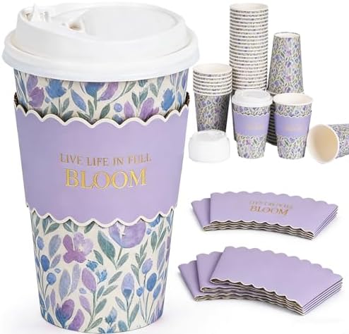 50 Pack Purple Watercolor Floral Disposable Coffee Cups with Lids & Sleeves, 16oz Premium To Go Paper Cups for Birthday, Wedding, Baby Shower, Bridal Shower, Brunch, Cafés & Party Supplies by YULLOT