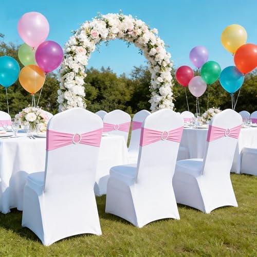 Spandex Pink Chair Sashes 100 Pack Wedding Chair Bows Bands Silver Buckles - Image 6