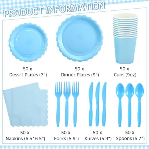 Ziliny 350 Pcs Baby Blue Plates and Napkins, 50 Guest Spring Party Supplies Include Scalloped Paper Plates Napkins Cups Plastic Spoons Forks Knives Disposable Tableware Set for Baby Shower - Image 2