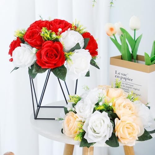 10Pcs Artificial Flower Ball Arrangement, 15 Flower Heads Wedding Roses Bouquet with Base Suitable for Parties Valentine's Day Wedding Centerpieces and Home Decor (Champagne & White) - Image 6