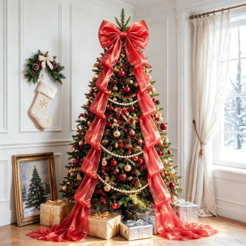 Giant Red Bow Decor, Christmas Tree Topper Bow, Oversized Hanging Bow with Long Streamers, Large Bow for Entrance Wall Backdrop Wedding Birthday Bridal Shower Home Decor Coquette Room Decor, 16 x 85in by AERORIBOWEnjoyEveryDay