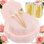 ejonirinjonir 180pcs Fancy Pink and Gold Plastic Plates for Wedding Showers by Ejonirinjonir