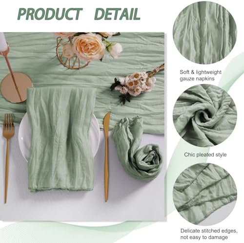 LZY 60 Pack Gauze Cheesecloth Napkins 20x20 Inch Dinner Cloth Napkins, Soft Boho Table Napkins Rustic Wrinkled Cheese Cloth Napkins Bulk for Wedding Party Baby Shower Event Decor (Sage Green) - Image 4