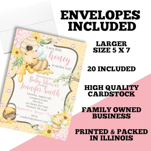 Amanda Creation Custom Honey Bee Baby Shower Invitations for Girls, Personalized Bumble Bee Invites, 20 Pack 5x7 Cards with White Envelopes - Image 6