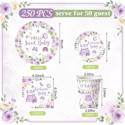 Pickmesh 250 Pcs Purple Floral Baby Girl Shower Disposable Tableware Set Hello Sweet Baby Paper Plates Napkins Cups Cutlery for Gender Reveal Birthday Party Supplies Babies Shower, Serve 50 Guest - Image 3
