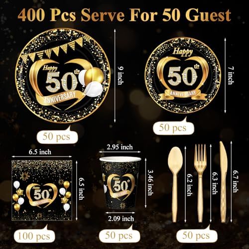 Pickmesh 400 Pcs 50th Birthday Party Supplies, Black Gold Tableware Set - Image 3