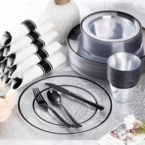 Goodluck 175 Pcs Clear Black Party Plates Cups Napkins Sets for 25 Guests - Image 2